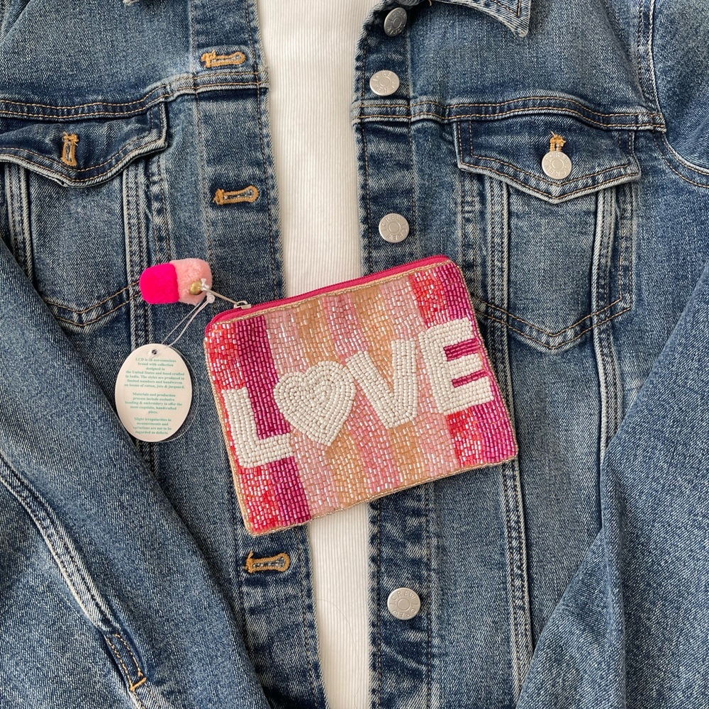 Pink LOVE Coin Pouch Seed Bead Coin Pouch  Beaded Coin Bag Women’s Wallet - Picture 4 of 6